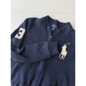 Polo Ralph Lauren full Zip Sweater white Big Pony Boys Large 14-16 Navy